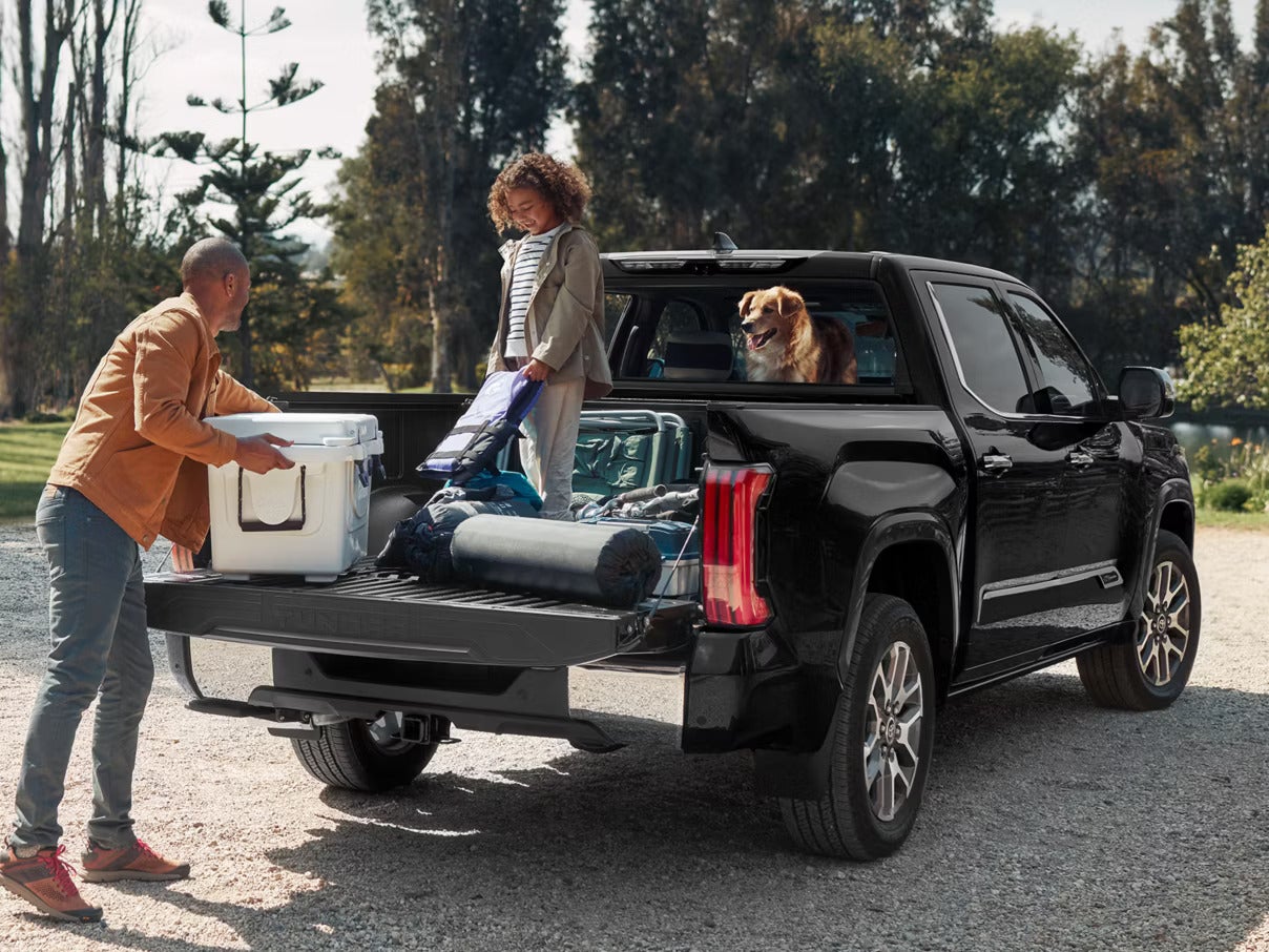 A family in the trunk of a back truck.